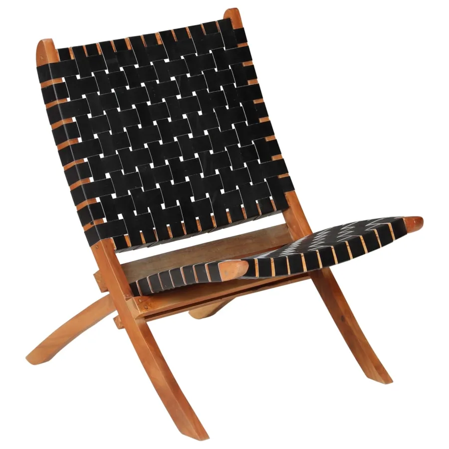 Chaise pliable bandes croisées noir cuir véritable - 13