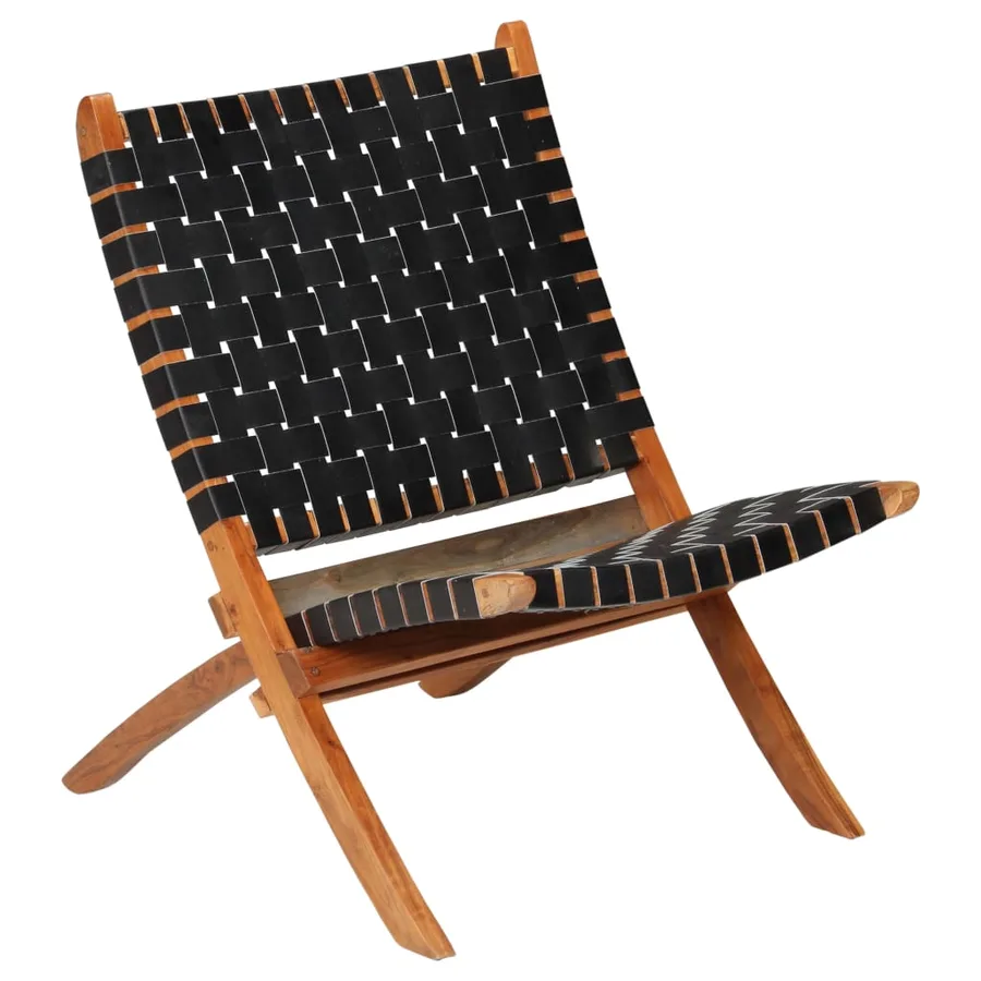 Chaise pliable bandes croisées noir cuir véritable - 16