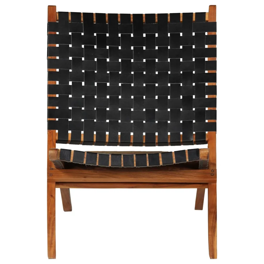 Chaise pliable bandes croisées noir cuir véritable - 2