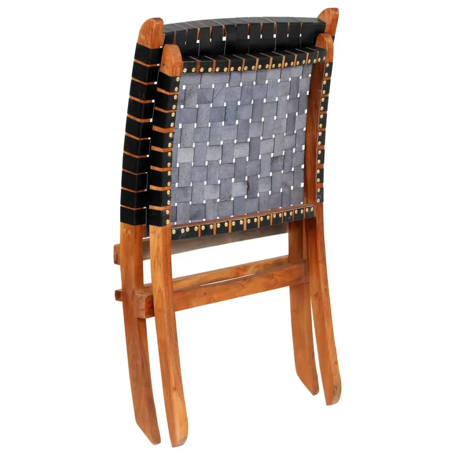 Chaise pliable bandes croisées noir cuir véritable - 8