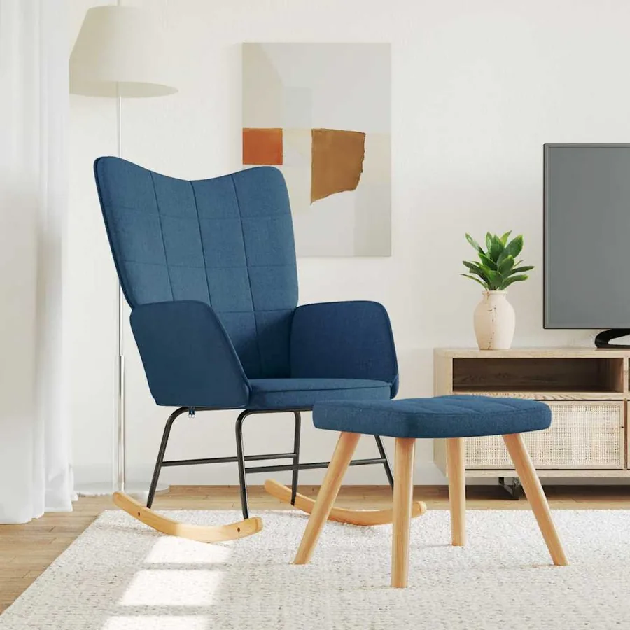 Chaise à bascule avec tabouret Bleu Tissu