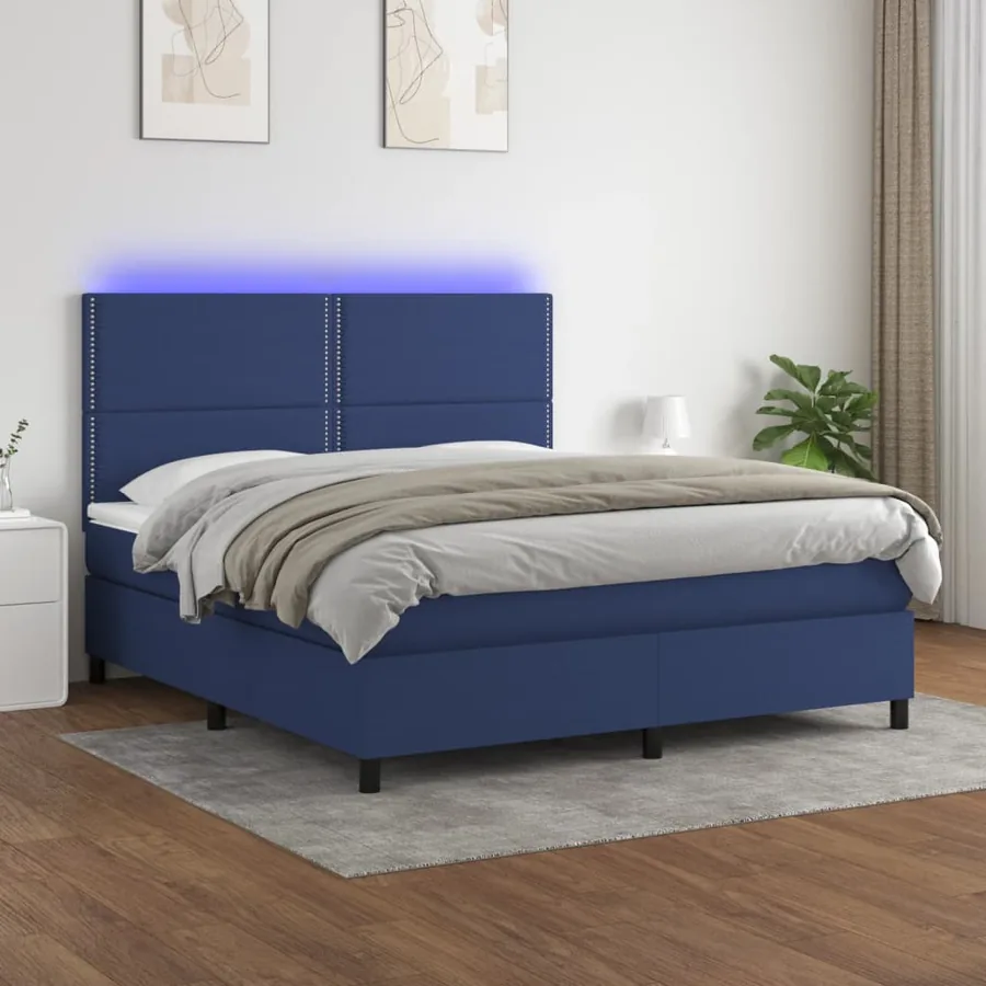 Sommier à lattes de lit et matelas et LED Bleu 180x200 cm Tissu