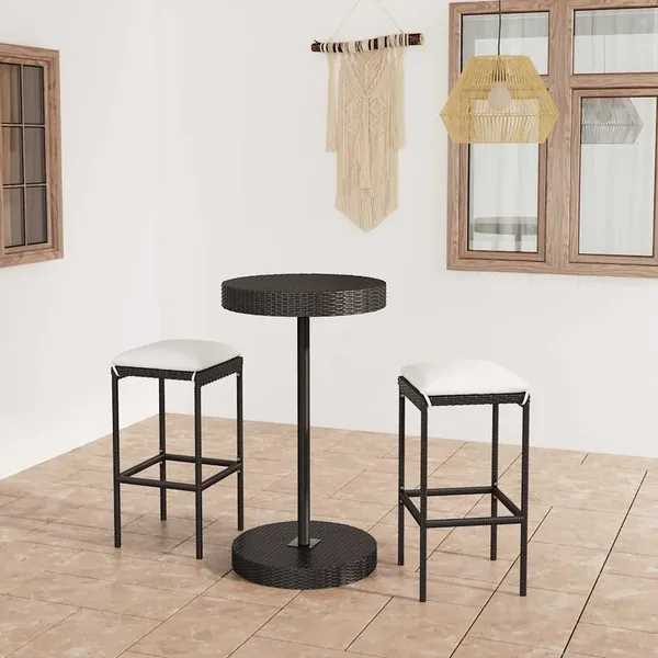 Ensemble de bar de jardin 3 pcs et coussins Résine tressée Noir