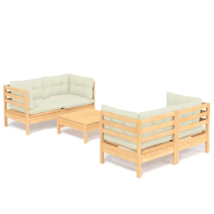 Salon de jardin 5 pcs avec coussins crème bois de pin - 2