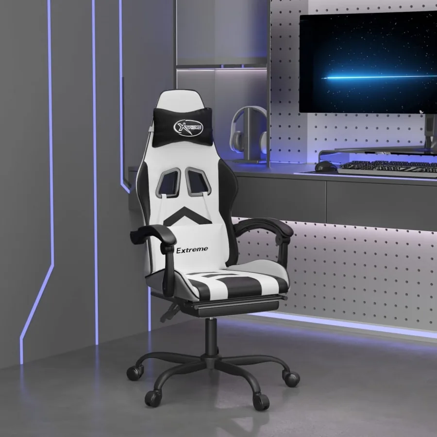 Chaise de jeu pivotante et repose-pied Blanc et noir Similicuir
