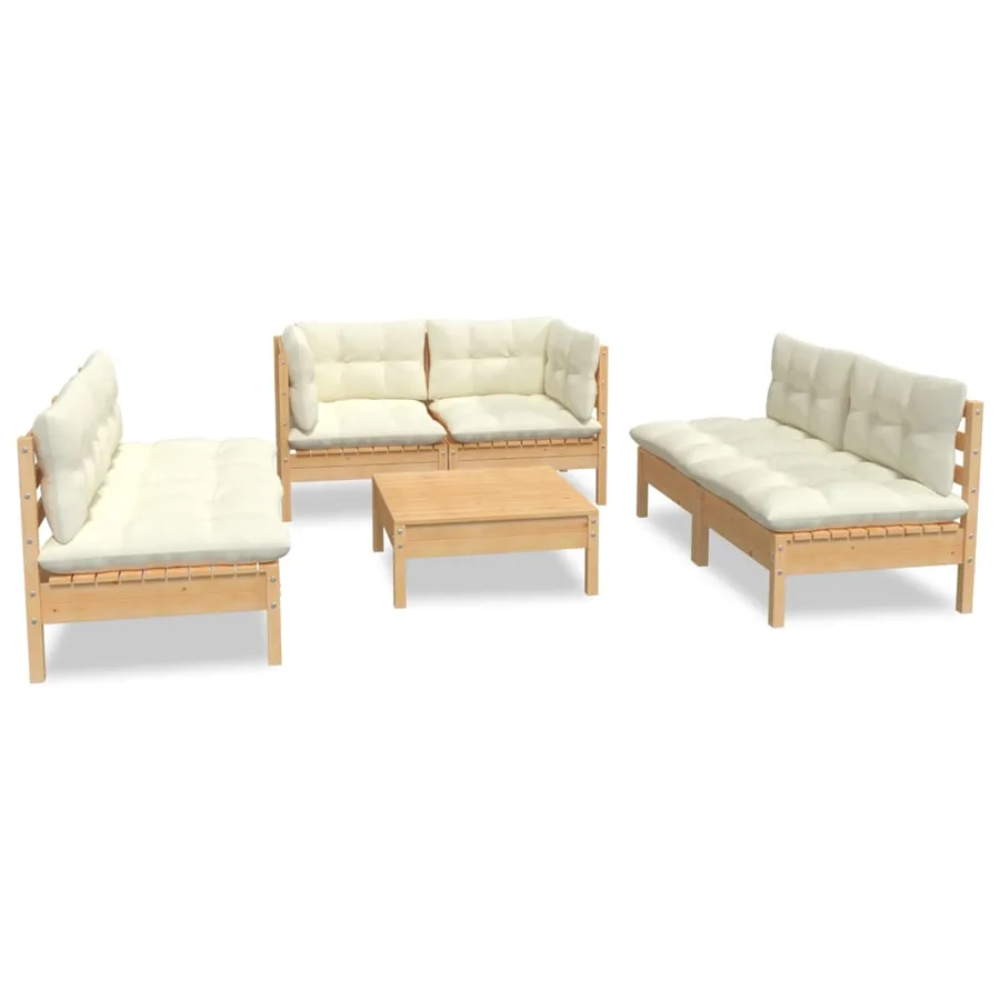 Salon de jardin 7 pcs avec coussins crème bois de pin massif - 2