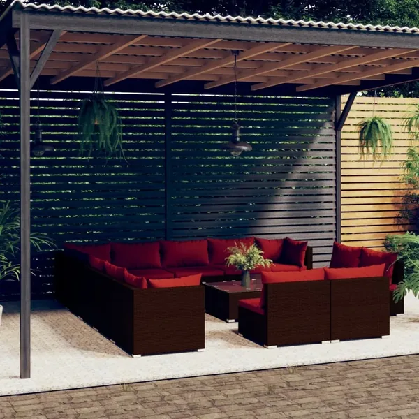Salon de jardin 14 pcs avec coussins Marron Résine tressée