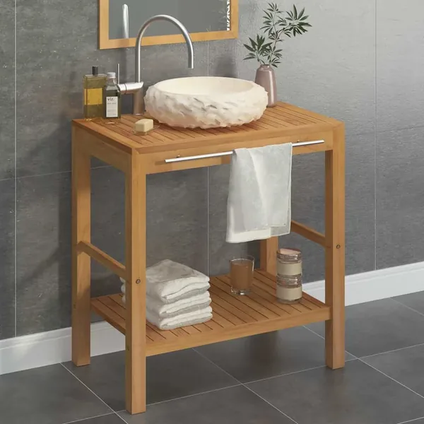 Armoire de toilette en teck solide avec lavabo en marbre Crème