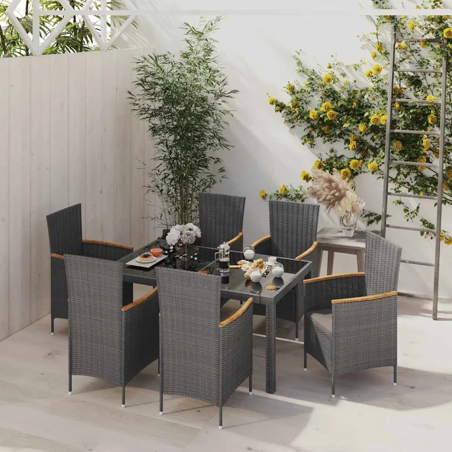 Ensemble à manger d'extérieur 7 pcs et coussins Résine tressée