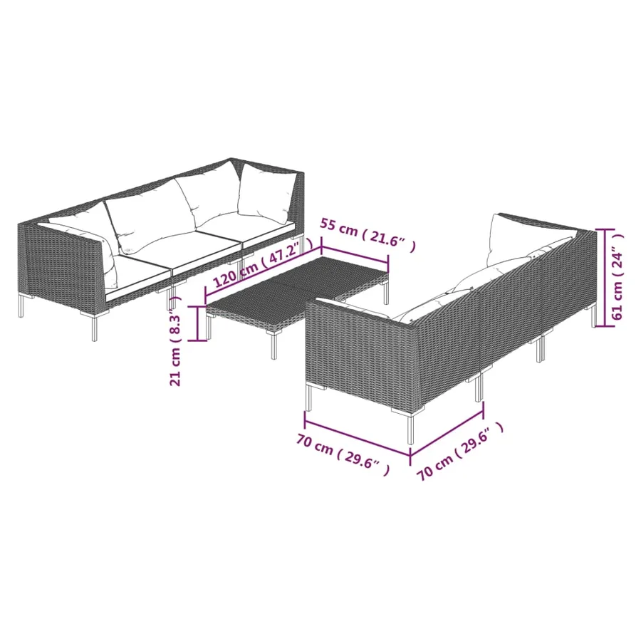 Salon de jardin 7 pcs avec coussins Résine tressée Gris foncé - 9