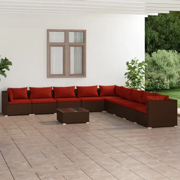 Salon de jardin 10 pcs avec coussins Résine tressée Marron