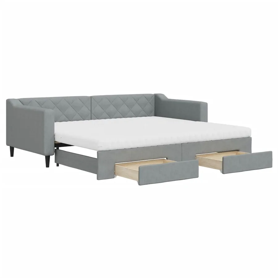 Lit de jour avec gigogne et tiroirs gris clair 90x200 cm tissu - 2