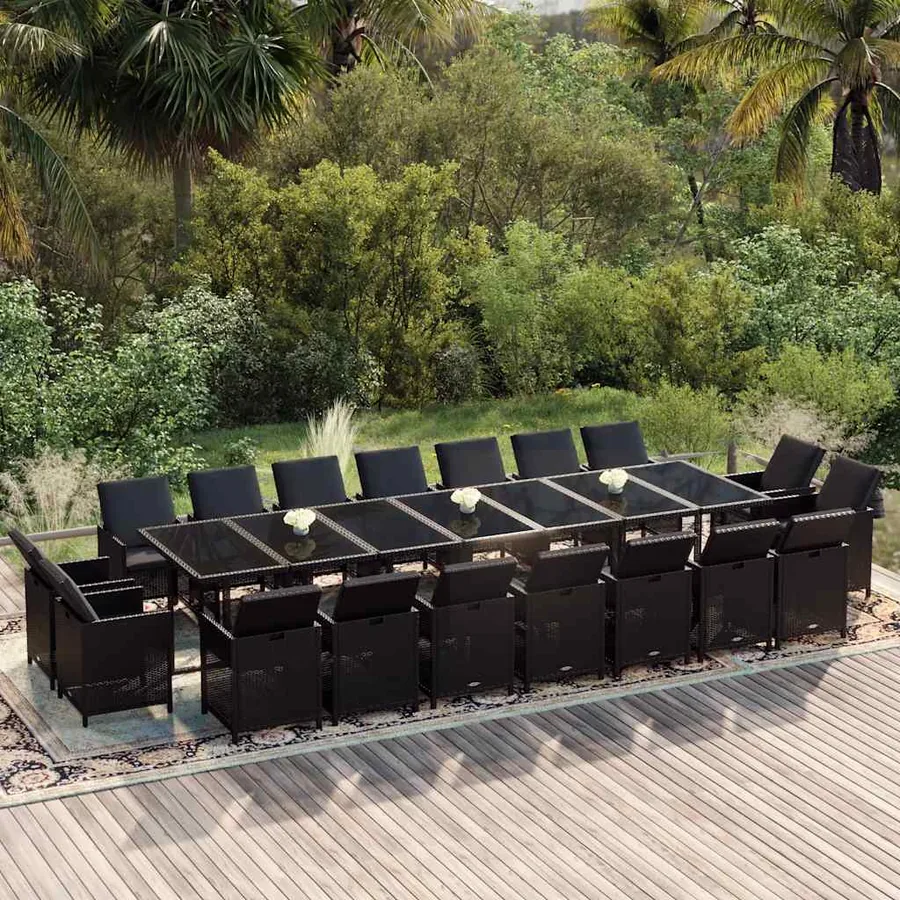 Ensemble à manger de jardin coussins 19 pcs Résine tressée Noir