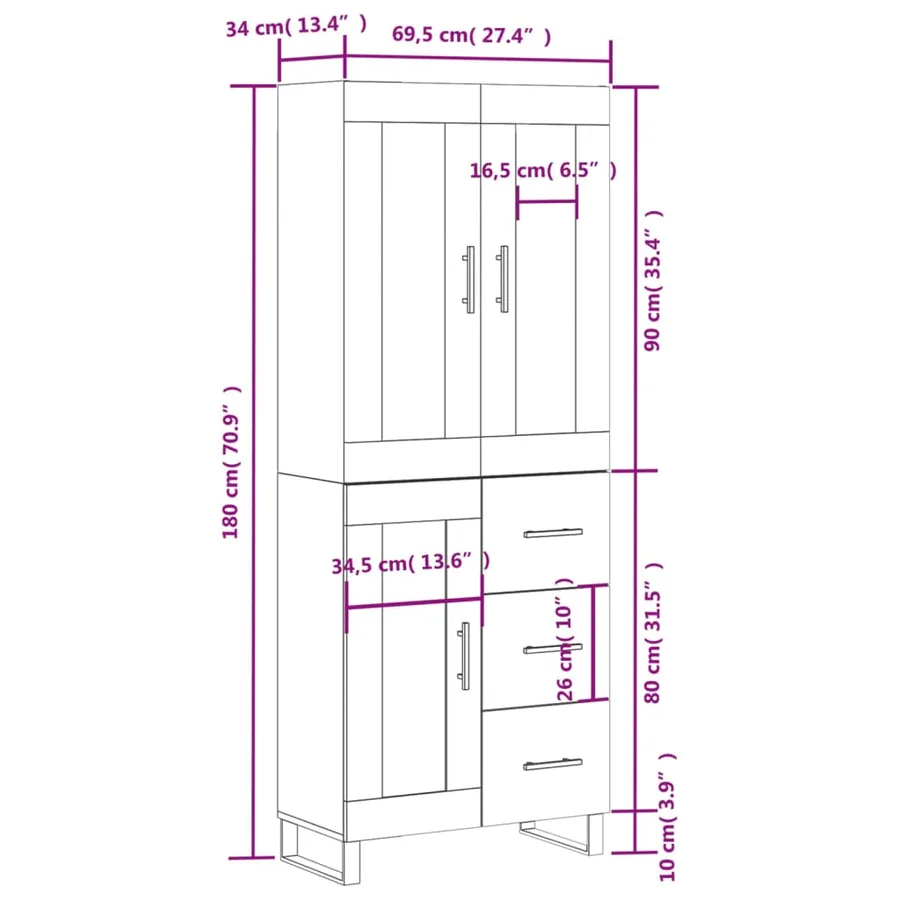 Buffet haut Blanc 69,5x34x180 cm Bois d'ingénierie - 14