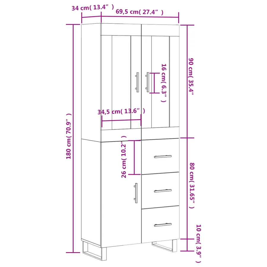 Buffet haut Blanc 69,5x34x180 cm Bois d'ingénierie - 14