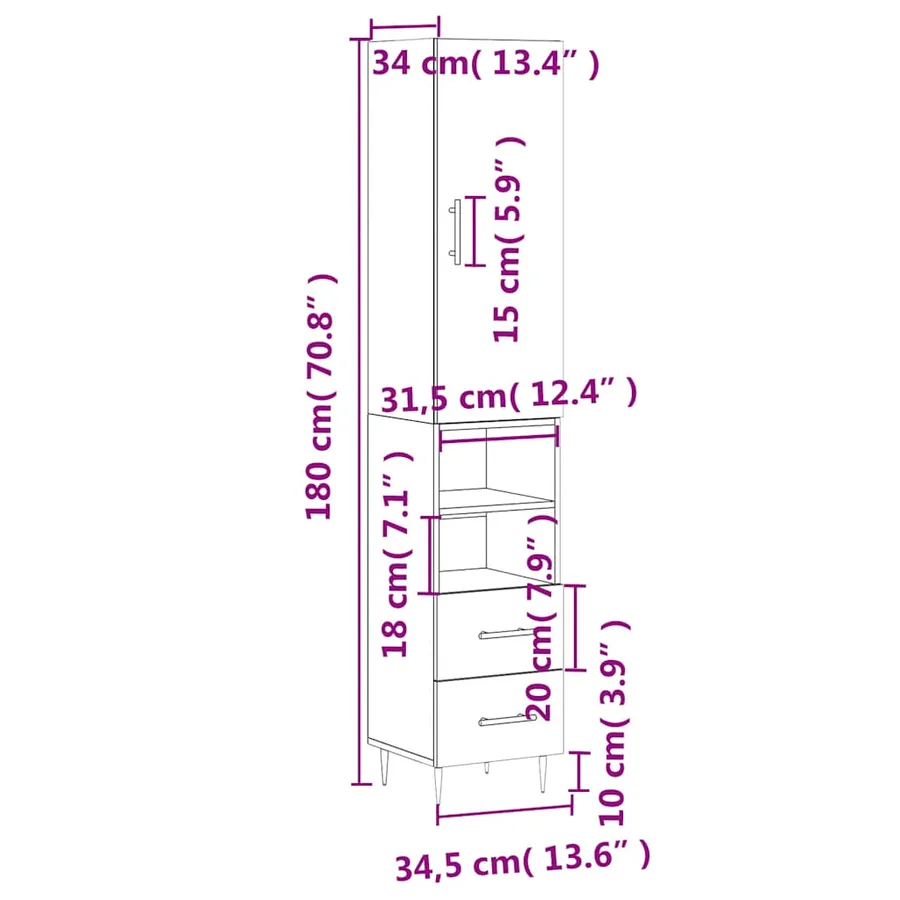 Buffet haut Blanc 34,5x34x180 cm Bois d'ingénierie - 14