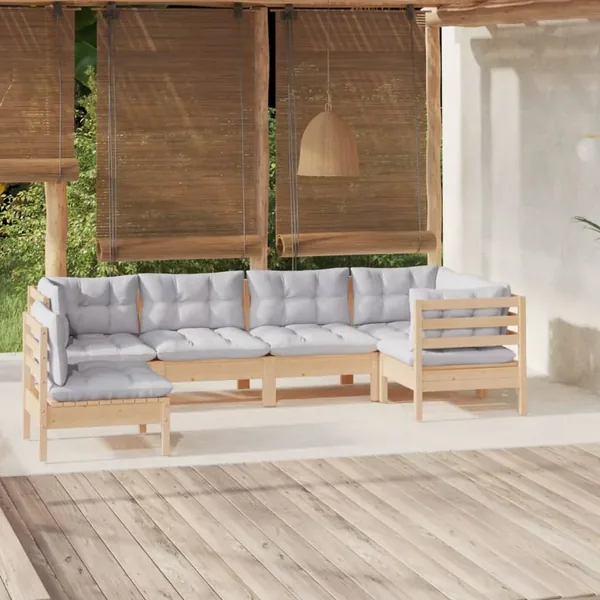 Salon de jardin 6 pcs avec coussins gris bois de pin