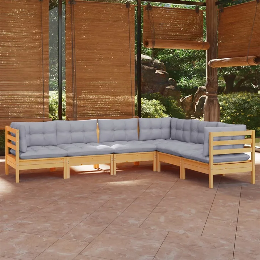 Salon de jardin 6 pcs avec coussins gris Bois de pin massif