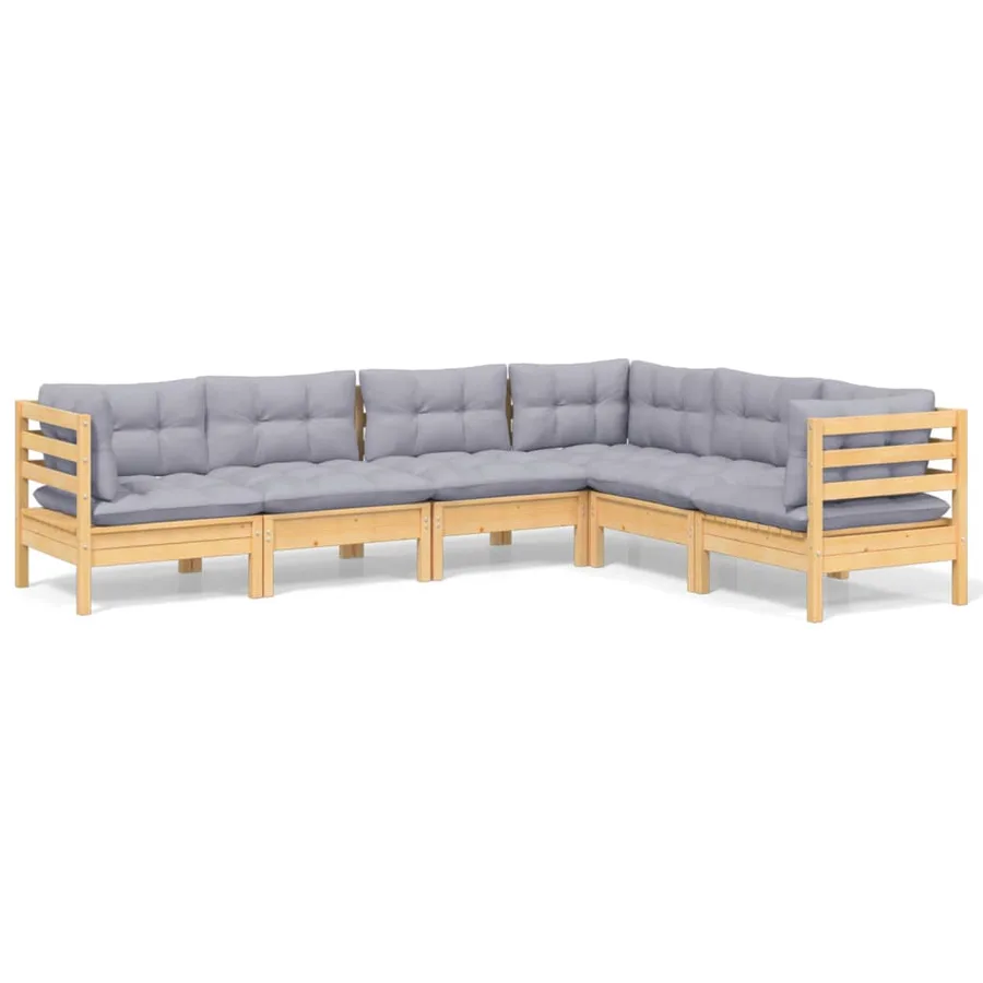 Salon de jardin 6 pcs avec coussins gris Bois de pin massif - 2