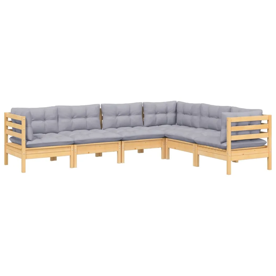 Salon de jardin 6 pcs avec coussins gris Bois de pin massif - 3