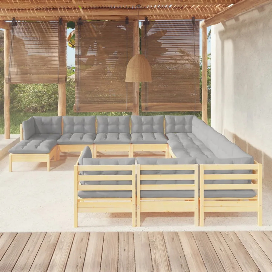 Salon de jardin 12 pcs avec coussins gris Bois de pin