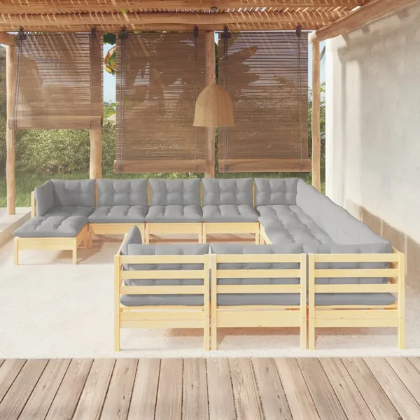 Salon de jardin 12 pcs avec coussins gris Bois de pin