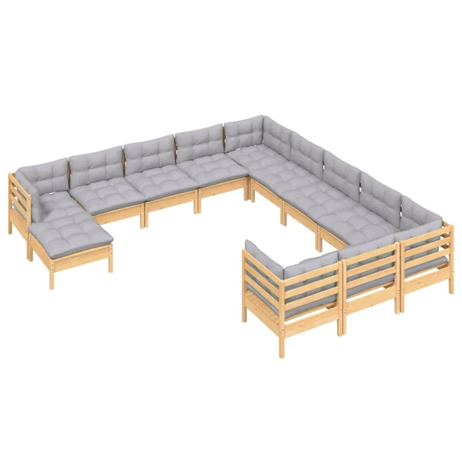 Salon de jardin 12 pcs avec coussins gris Bois de pin - 3