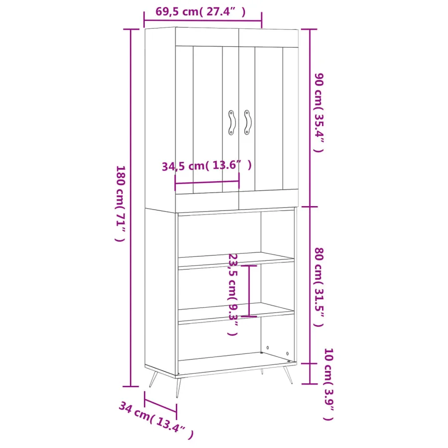 Buffet haut Blanc 69,5x34x180 cm Bois d'ingénierie - 13