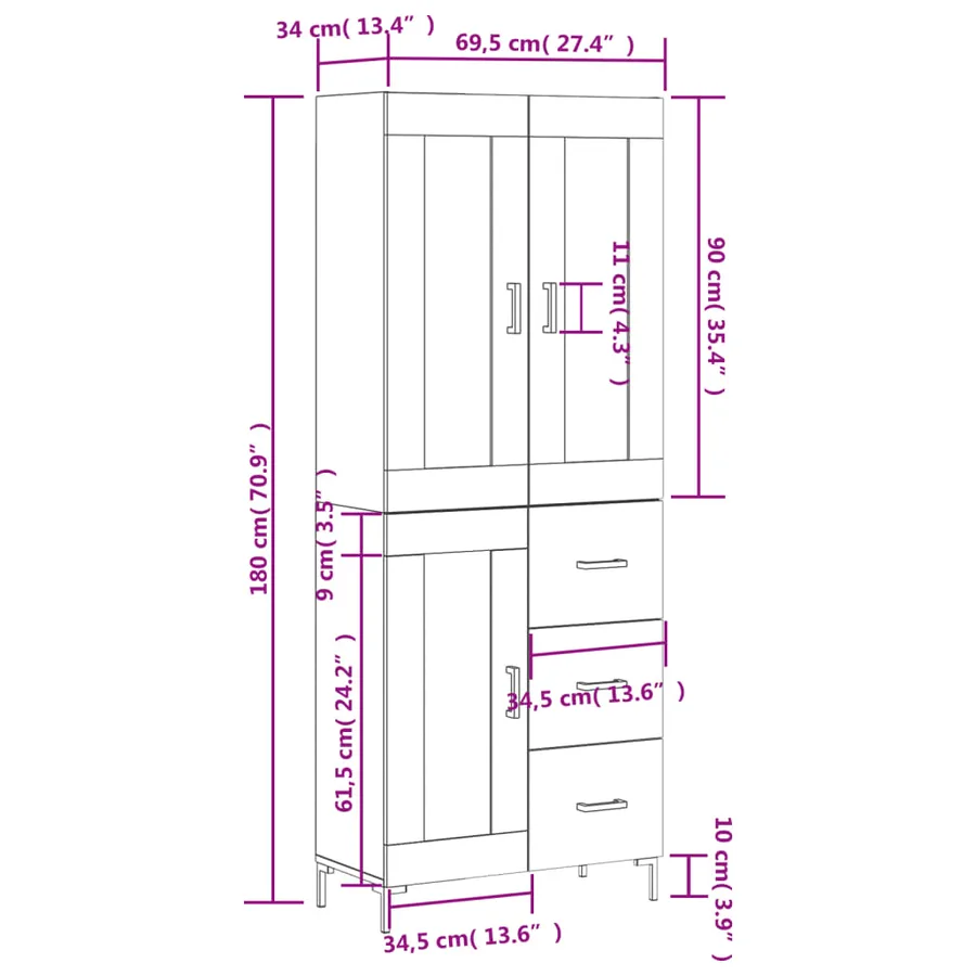 Buffet haut Blanc 69,5x34x180 cm Bois d'ingénierie - 14