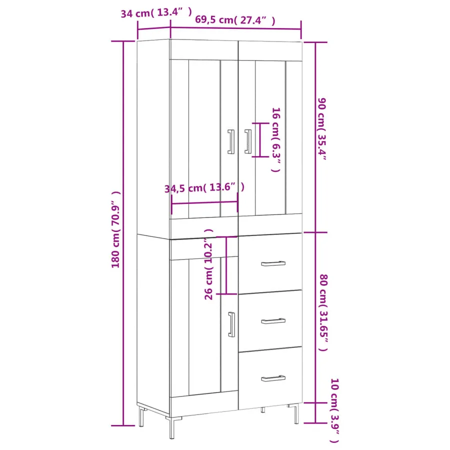 Buffet haut Blanc 69,5x34x180 cm Bois d'ingénierie - 14