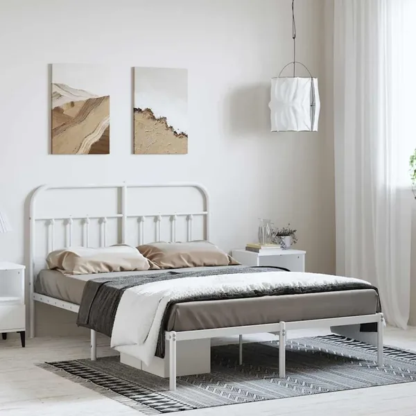 Cadre de lit métal sans matelas et tête de lit blanc 150x200 cm