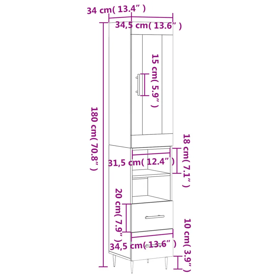 Buffet haut Gris béton 34,5x34x180 cm Bois d'ingénierie - 14