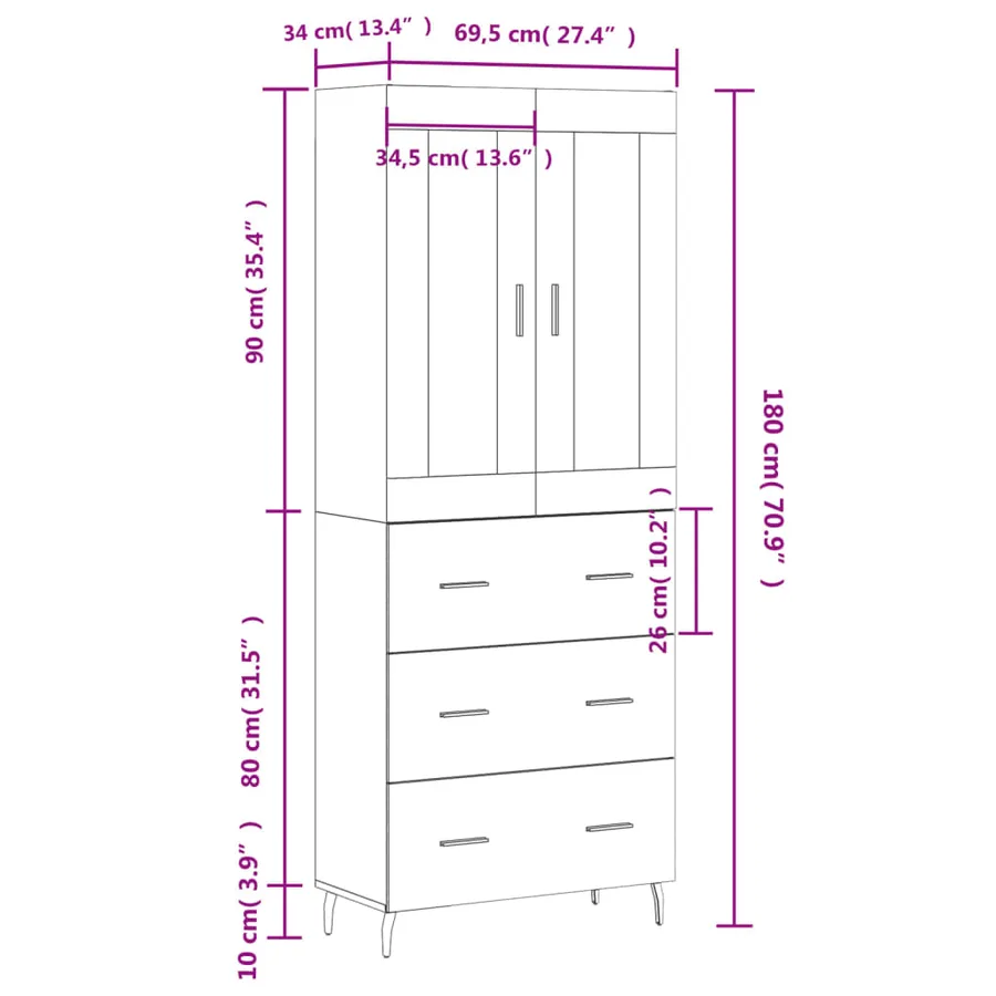 Buffet haut Sonoma gris 69,5x34x180 cm Bois d'ingénierie - 14