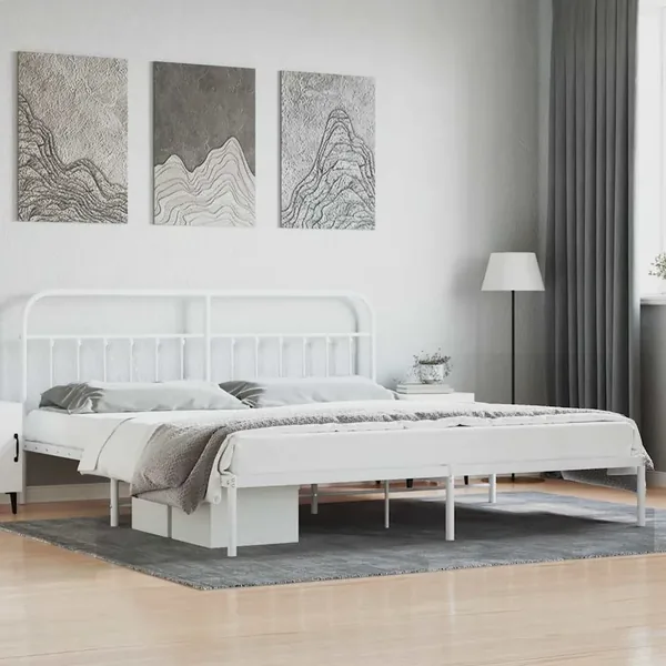Cadre de lit métal sans matelas et tête de lit blanc 200x200 cm