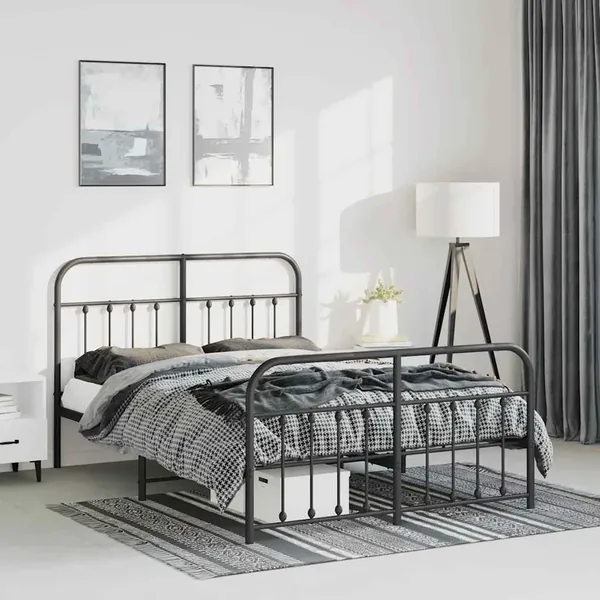 Cadre de lit métal sans matelas avec pied de lit noir 150x200cm