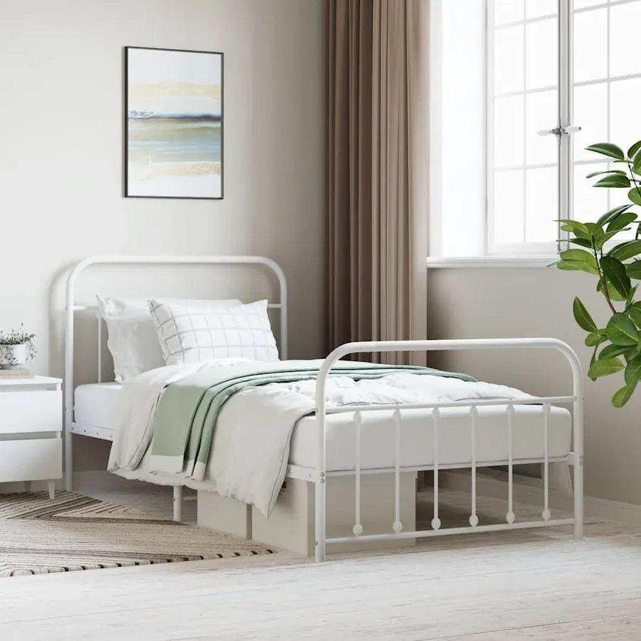 Cadre de lit métal sans matelas et pied de lit blanc 107x203 cm