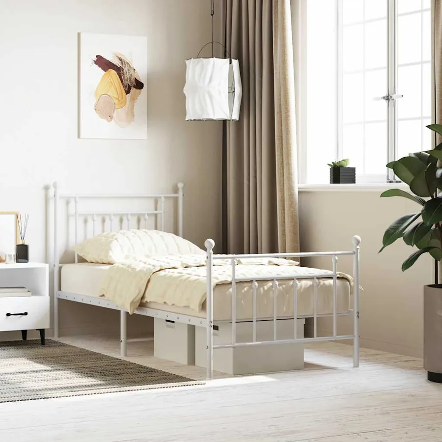 Cadre de lit métal sans matelas avec pied de lit blanc 90x200cm