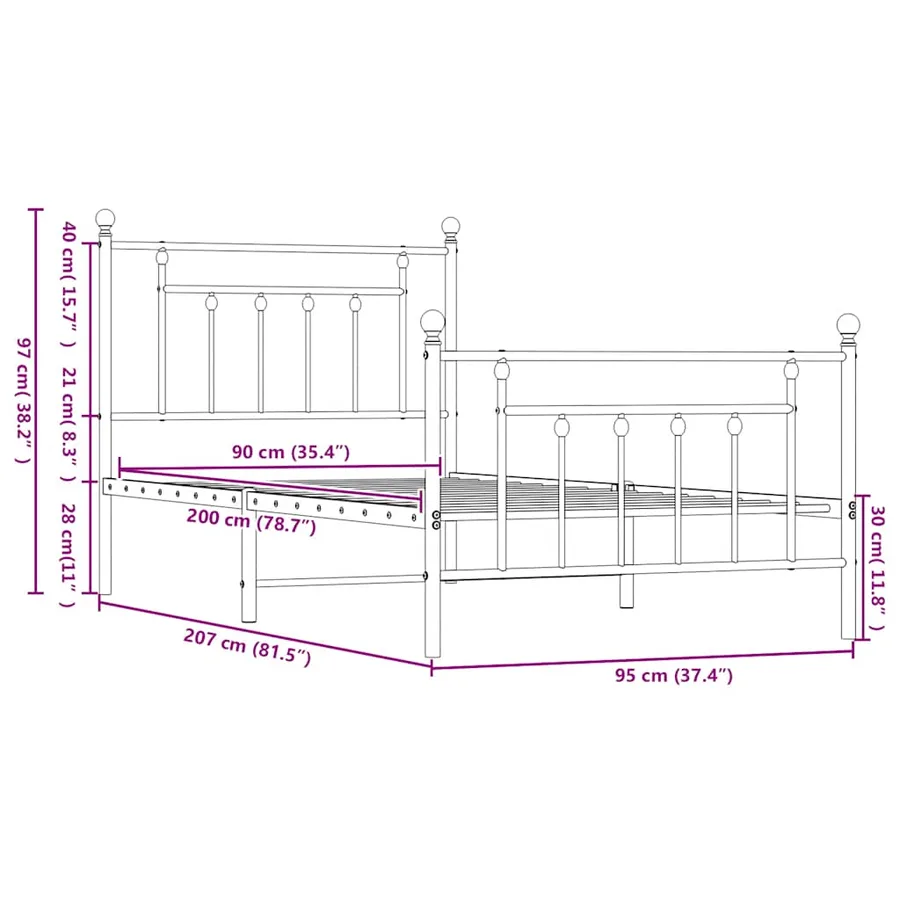 Cadre de lit métal sans matelas avec pied de lit blanc 90x200cm - 10