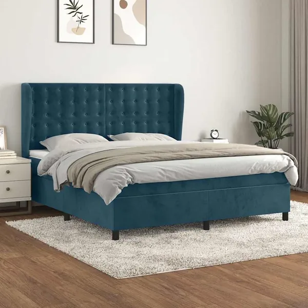 Sommier à lattes de lit et matelas Bleu foncé 160x200cm Velours