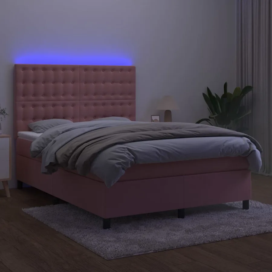 Sommier à lattes de lit matelas et LED Rose 140x200 cm Velours - 4