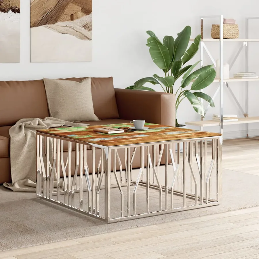 Table basse argenté acier inoxydable/bois massif récupération