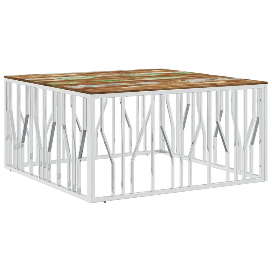 Table basse argenté acier inoxydable/bois massif récupération - 2