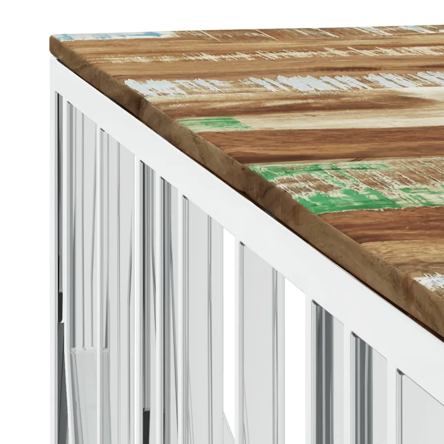 Table basse argenté acier inoxydable/bois massif récupération - 5