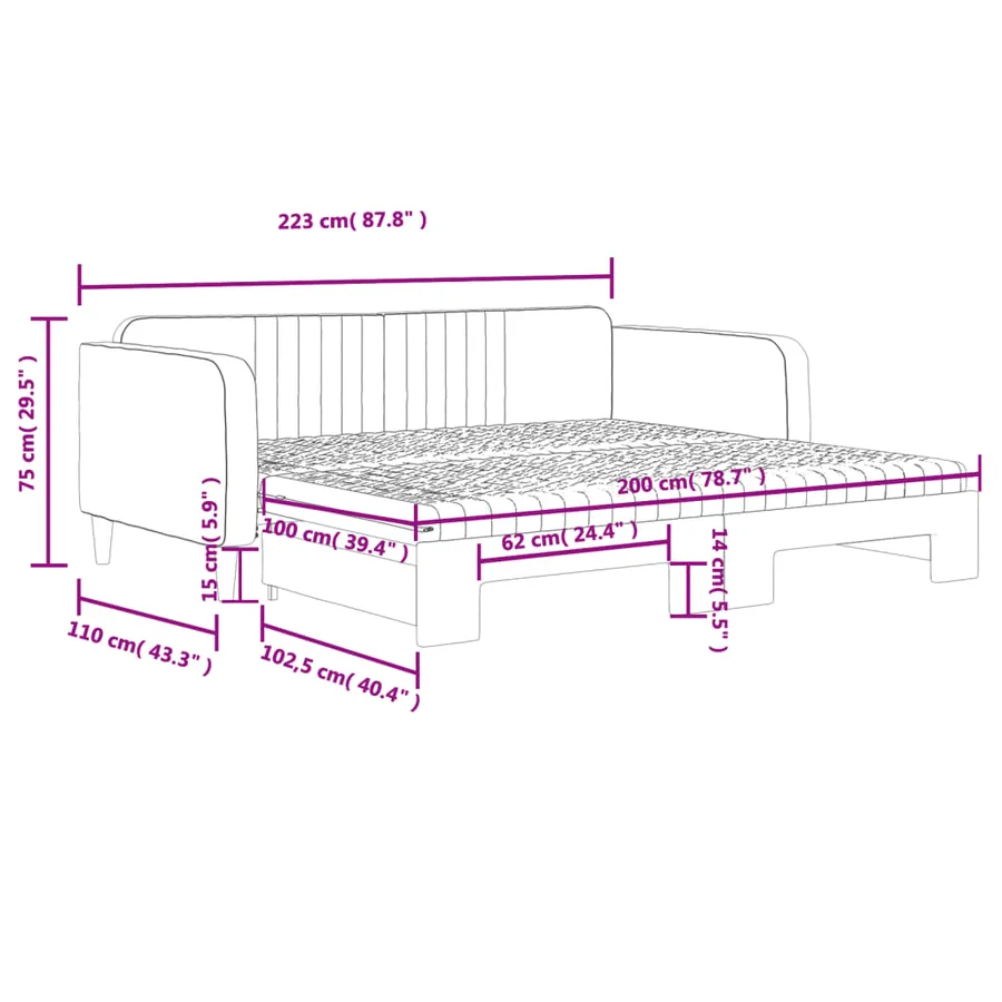 Lit de jour avec lit gigogne et matelas rose 100x200 cm velours - 12