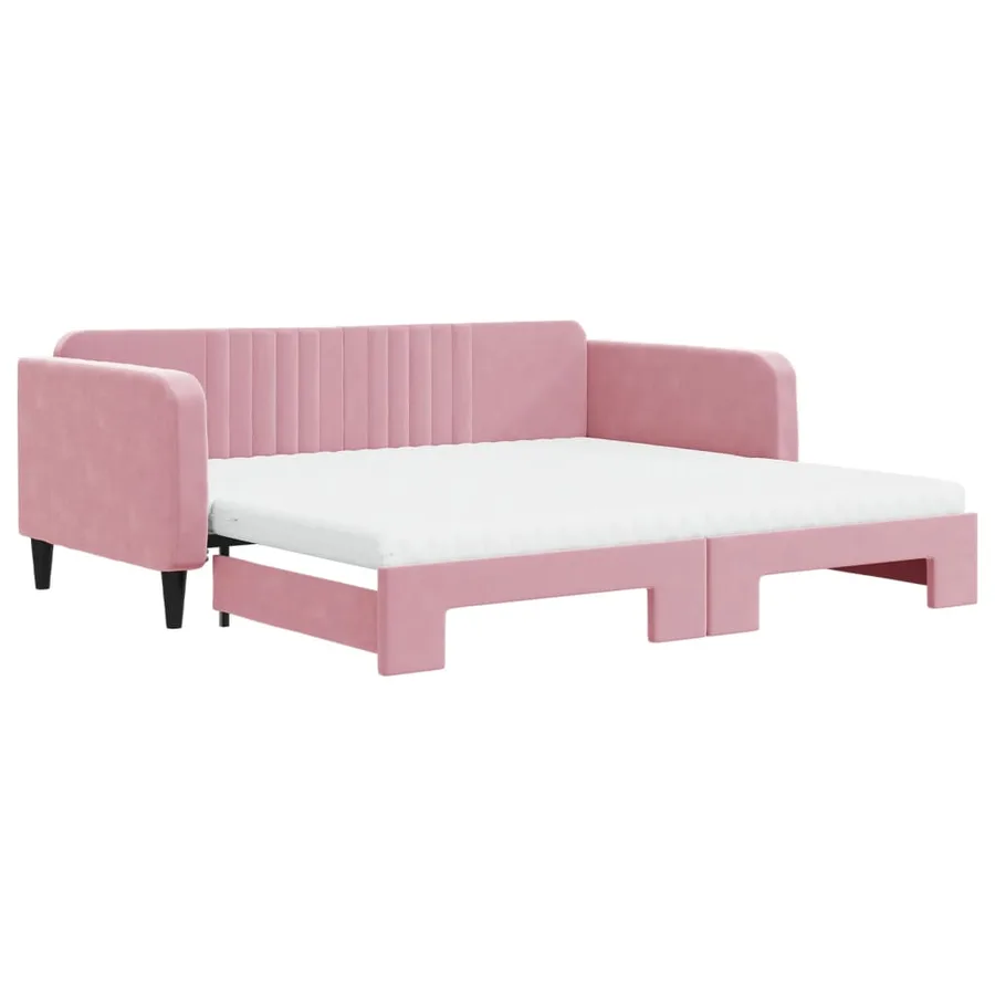 Lit de jour avec lit gigogne et matelas rose 100x200 cm velours - 2