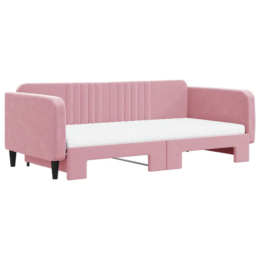 Lit de jour avec lit gigogne et matelas rose 100x200 cm velours - 3