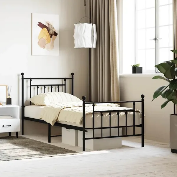 Cadre de lit métal sans matelas avec pied de lit noir 90x200 cm