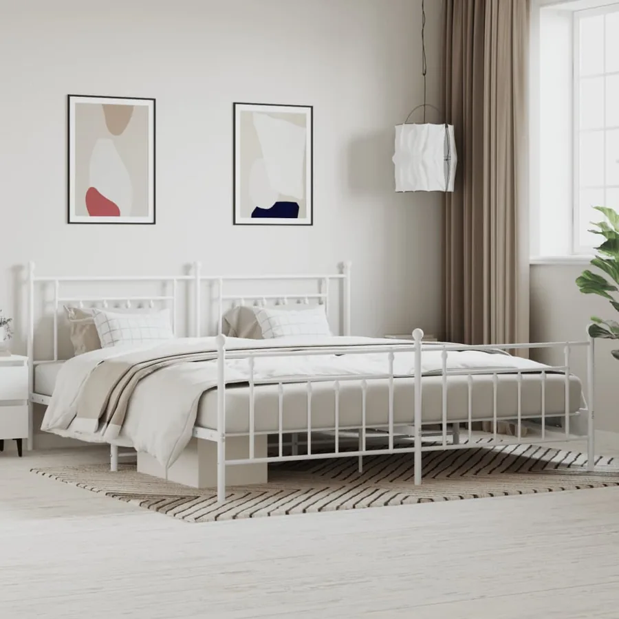 Cadre de lit métal sans matelas et pied de lit blanc 200x200 cm