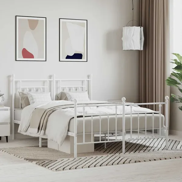 Cadre de lit métal sans matelas et pied de lit blanc 140x200 cm