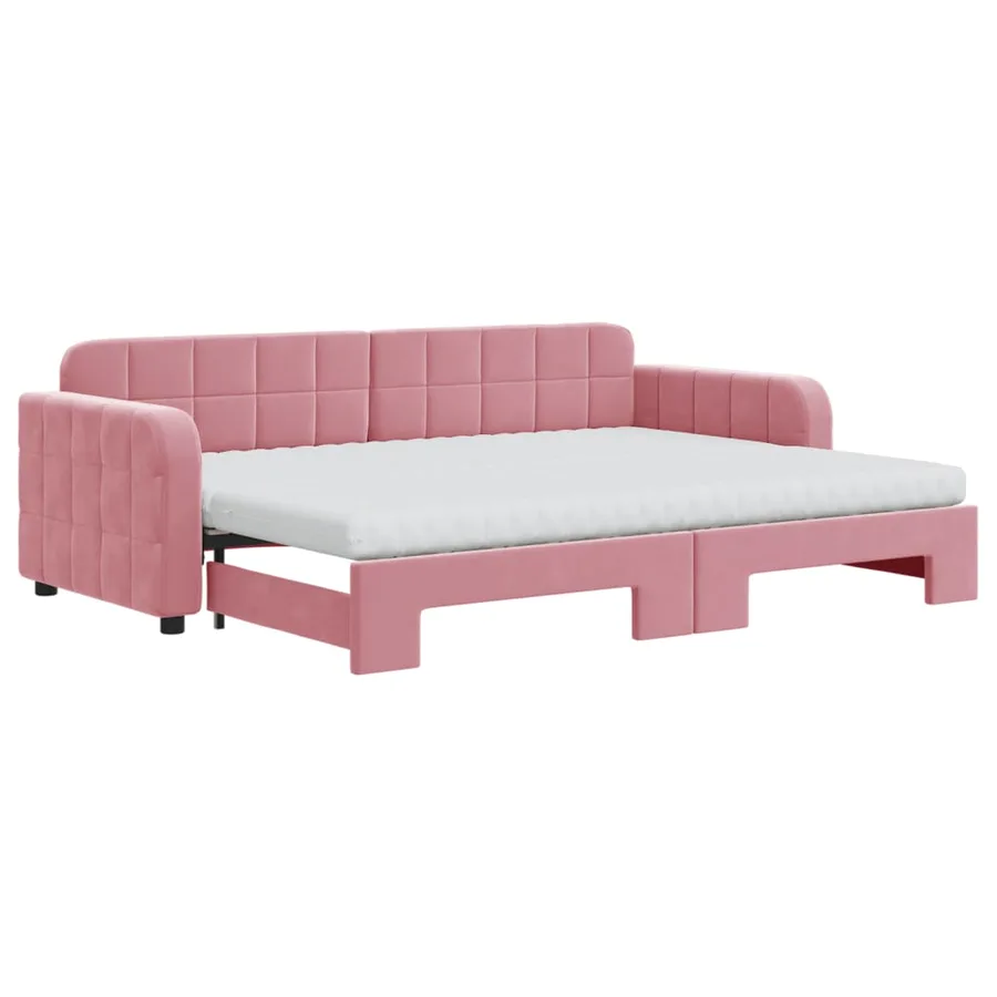 Lit de jour avec lit gigogne et matelas rose 80x200 cm velours - 2